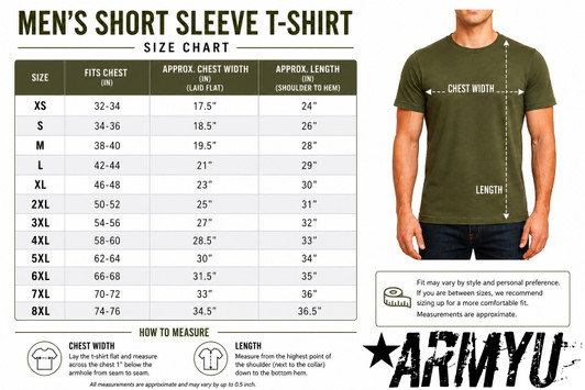 Men's Muscle Fit Military T-Shirt Fitted Athletic Short Sleeve Workout Shirt SIZE CHART
