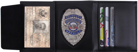 Black Leather Tri Fold Badge ID Credit Card Holder Wallet