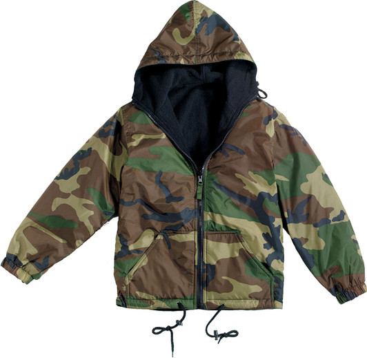 Woodland Camouflage Reversible Fleece Lined Jacket Military Hooded Nylon Coat