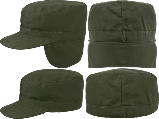 Olive Drab Fatigue Hat with Padded Ear Flaps - Tactical Fitted Winter Patrol Cap