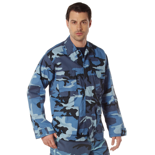Mens Sky Blue Camouflage Military BDU Shirt Tactical Uniform Army Coat Fatigues