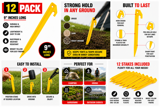 Yellow Tent Stakes Securing a Tent
Plastic Ground Stakes for Landscaping and Garden Use
Bright Yellow Tent Pegs Easy to Locate Outdoors