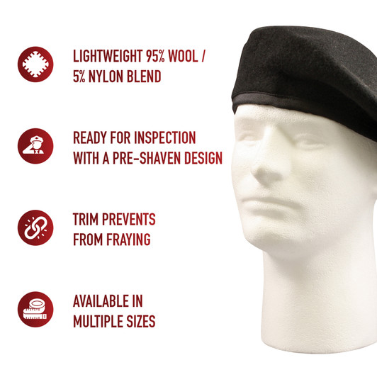 Black Military Clutch Wool Beret No Eyelets