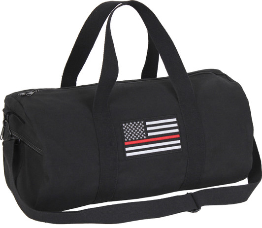 Black Heavy Canvas Gym Travel Shoulder Duffle Bag with Thin Red Line 19" x 9"