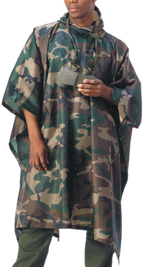 Camo Tactical Rain Poncho Waterproof Hooded Ripstop Lightweight Military Army