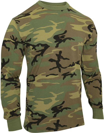 Camo Long Sleeve T-Shirt Washed Vintage Look Tactical Woodland Camouflage