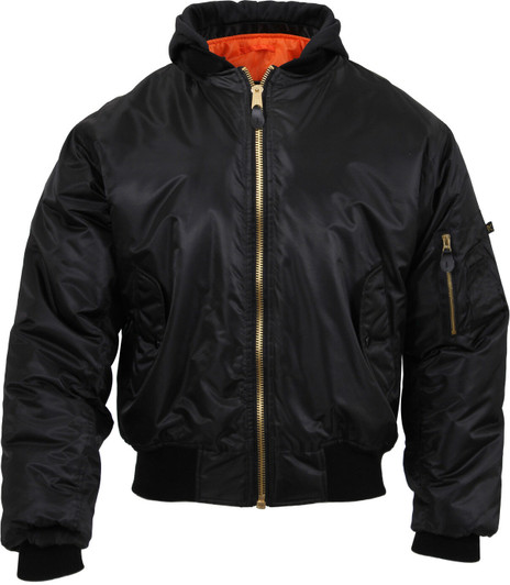 Hooded MA-1 Flight Jacket & Streamer Black / Orange Bomber Coat Air Force