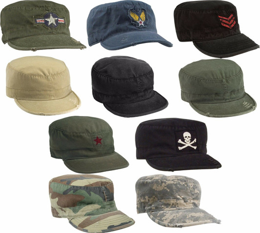 Vintage Fatigue Hat Fitted Army Uniform Military Patrol Washed Torn Ripped Hat