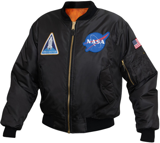 Black NASA Meatball MA1 Flight Jacket Space Shuttle Patches Bomber Coat