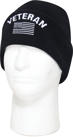 Black Fine Knit Watch Cap Veteran With US Flag Deluxe Hat