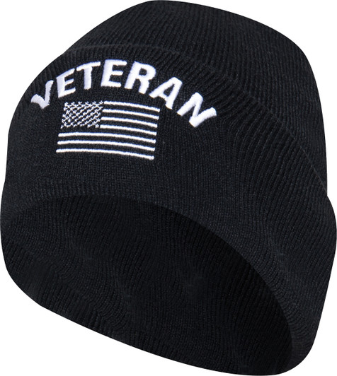 Black Fine Knit Watch Cap Veteran With US Flag Deluxe Hat