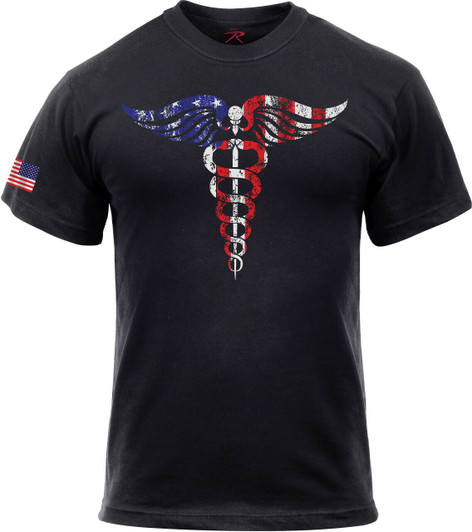 Mens Black Medical Symbol Caduceus USA Flag T-Shirt Support Healthcare Workers