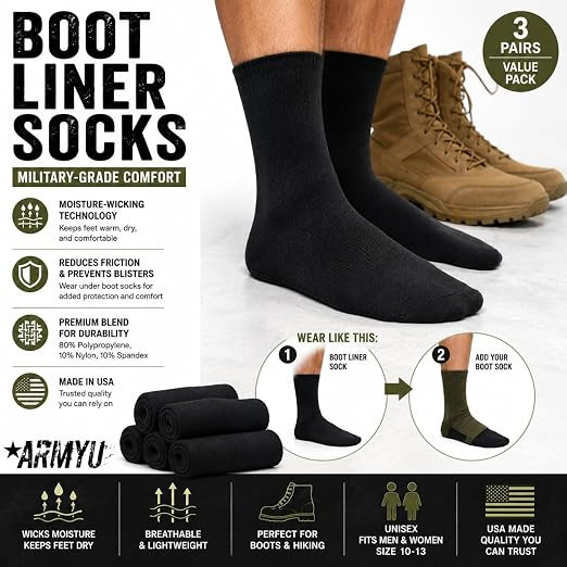 Black Polypropylene Genuine GI Boot Liner Socks Moisture-Wicking Military Sock Liners, USA Made (3 Pairs)