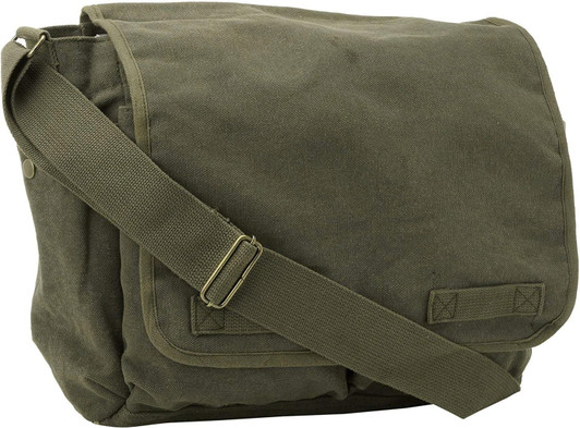 ARMYU Olive Green Original Heavyweight Cotton Canvas Classic Heavyweight Military Messenger Bag + Streamer