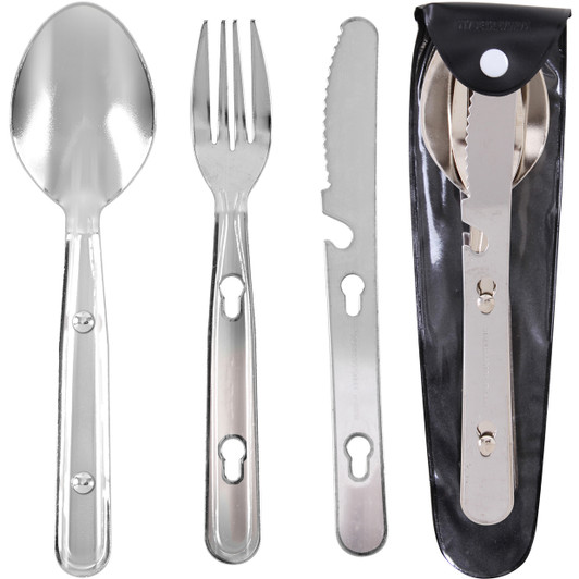 Army Universe Camping Utensil Clip Flatware Set - Stainless Steel Spoon, Fork, Knife & Can Opener with Pouch Mess Kit 6 Piece Accessory, 2-Pack
