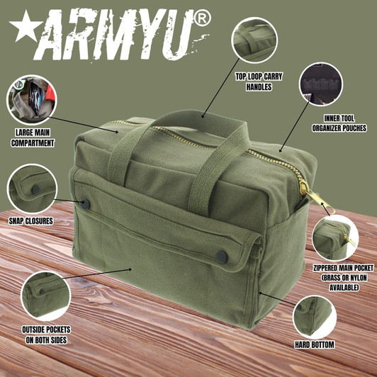 ARMYU Heavy Duty Canvas Tool Bag, Military Field Carry Bag, General Purpose Supply Storage Bag for Gear, Trade, Handyman, Mechanics, Electricians, Plumbers