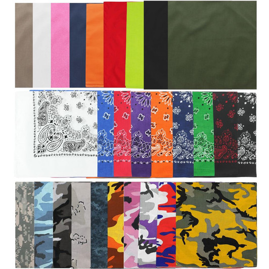 Camo Paisley & Solid Color Bandanas 22x22 Inches 100% Cotton Bandanas