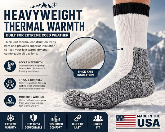 ARMYU Heavyweight Thermal Thick Insulated Boot Socks - Skiing Hiking Camping - Extra Warm Cold Weather (3 Pairs)