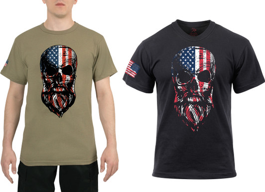 Bearded Skull US American Flag Distressed T-Shirt Short Sleeve Patriotic USA Tee