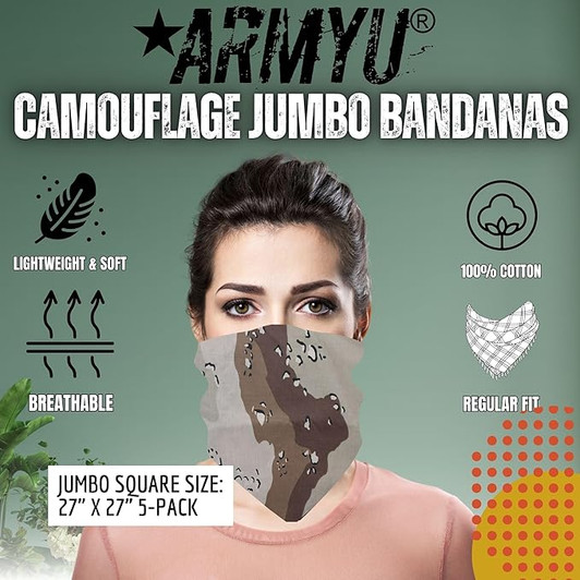 Camouflage Jumbo Bandanas Cotton Military Headwraps 27" x 27", 5-Pack