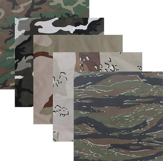Camouflage Jumbo Bandanas Cotton Military Headwraps 27" x 27", 5-Pack