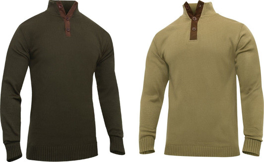 Mens Military Sweater With Suede Accents 3 Button High Turtleneck Army Style