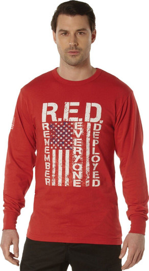 Mens Red Long Sleeve Remember Everyone Deployed T-Shirt Athletic Fit Tee Shirt
