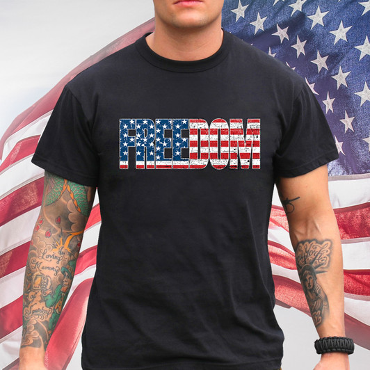 Black Freedom USA Flag Short Sleeve T-Shirt US Free Country Graphic 100% Cotton Graphic Tee