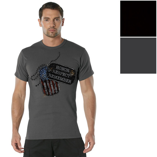 Men’s Honor Respect Remember Short Sleeve T-Shirt – Crew Neck Shirt with Dog Tag Graphic