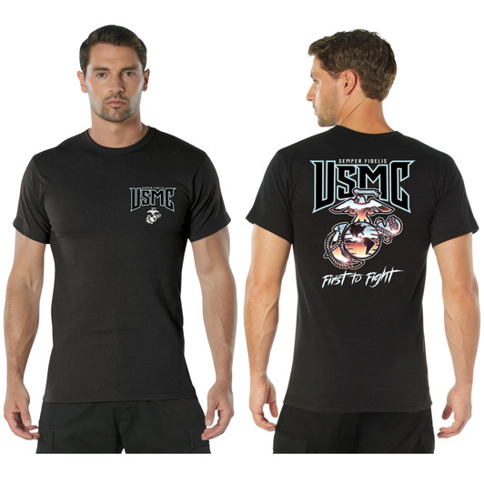 Black USMC First to Fight T-Shirt Eagle, Globe & Anchor MARINES Logo Insignia Short Sleeve Tee