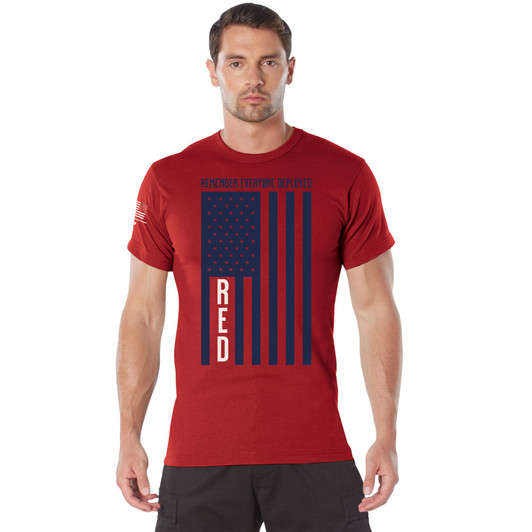 Red Remember Everyone Deployed USA Flag Short Sleeve T-Shirt with R.E.D. Army Military Soldiers - Mens