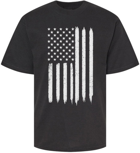 USA Distressed White Line Flag Short Sleeve Crewneck Black T-Shirt for Kids