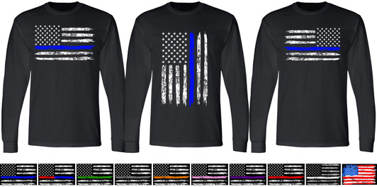 USA Flag Distressed American US Thin Line Black Crewneck T-Shirt - Patriotic Support First Responders Long Sleeve Shirt for Men & Women