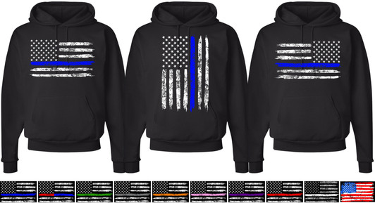USA Flag Distressed American US Thin Line Black Hooded Sweatshirt
