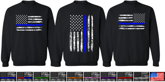 USA Flag Distressed American US Thin Line Black Crewneck Sweatshirt