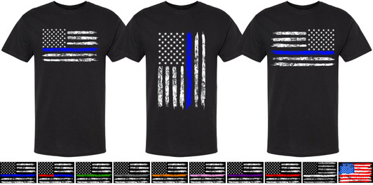 USA Flag Distressed American US Thin Line Black Crewneck T-Shirt