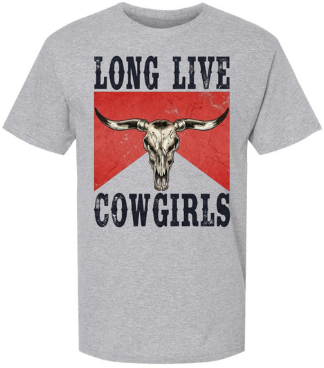 Army Universe Long Live Cowgirls Printed T-Shirt Western Longhorn Bull Skull Graphic Distressed 100% Cotton Tee, Athletic Grey