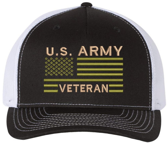 US Army Veteran USA Flag Embroidered Trucker Hat | Structured Mesh Back Military Vet Snap Back Baseball Cap