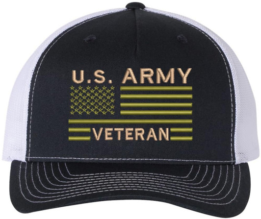 US Army Veteran USA Flag Embroidered Trucker Hat | Structured Mesh Back Military Vet Snap Back Baseball Cap