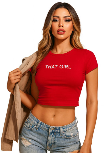 that Girl Embroidered Women's Baby Tee | Trendy Vibe Cool Awesome Sexy Micro Rib Crop T-Shirt, Red