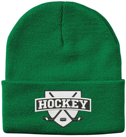 Hockey Embroidered Beanie | Winter Knit Skull Cap with Hockey Graphic | Warm Cuffed Hat for Men & Women