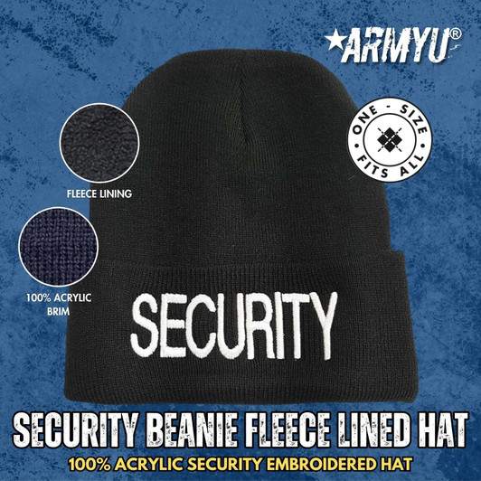 SECURITY Beanie FLEECE Lined Hat Warm LARGE EMBROIDERY Winter Watch Cap Winter Security Uniform Hat