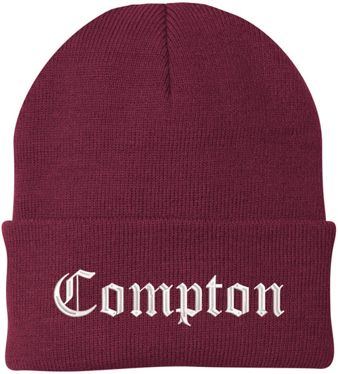 Compton Embroidered Beanie Knit Watch Skull Cap with Old English Letters | Warm Winter Hat