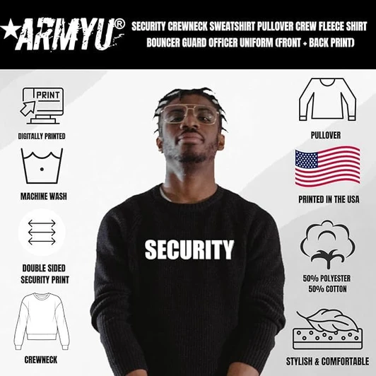 Army Universe SECURITY Crewneck Sweatshirt Pullover Crew Fleece Shirt Bouncer Guard Officer Uniform (Front + Back Print)