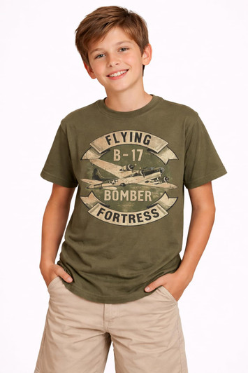 Flying Fortress B17 Bomber Jet Kids T-Shirt | USA Airplane Army B-17 100% Cotton Youth Tee Shirt, Military Green