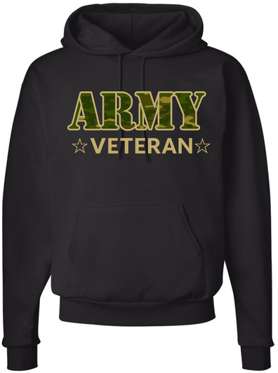 Army Veteran Hoodie - Military Camo Graphic Pullover Sweatshirt, Proud Veteran Apparel, Warm Fleece Hoodie, Black