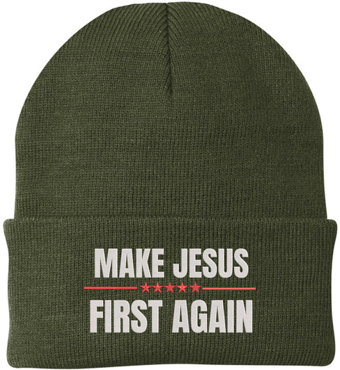Make Jesus First Again Embroidered Beanie | MAGA Style Warm Knit Winter Skull Cap Religious Christian Hat