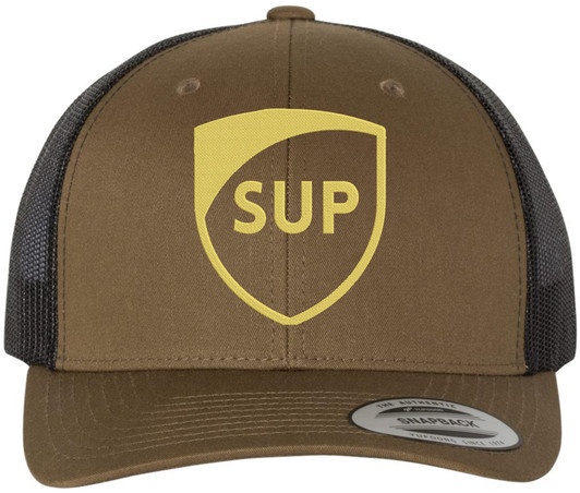 SUP Embroidered Trucker Hat Funny Streetwear Snapback Mesh Back Baseball Cap, Brown/Black