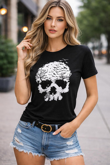 Skull with Birds and Trees Printed T-Shirt Gothic Punk Dark Aesthetic 100% Cotton Crewneck Tee