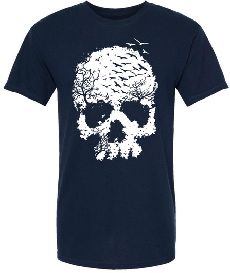 Skull with Birds and Trees Printed T-Shirt Gothic Punk Dark Aesthetic 100% Cotton Crewneck Tee